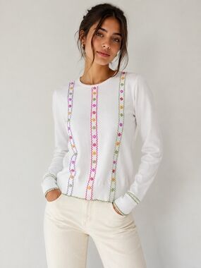 White Crewneck Sweater with Colorful Embroidered Stripes